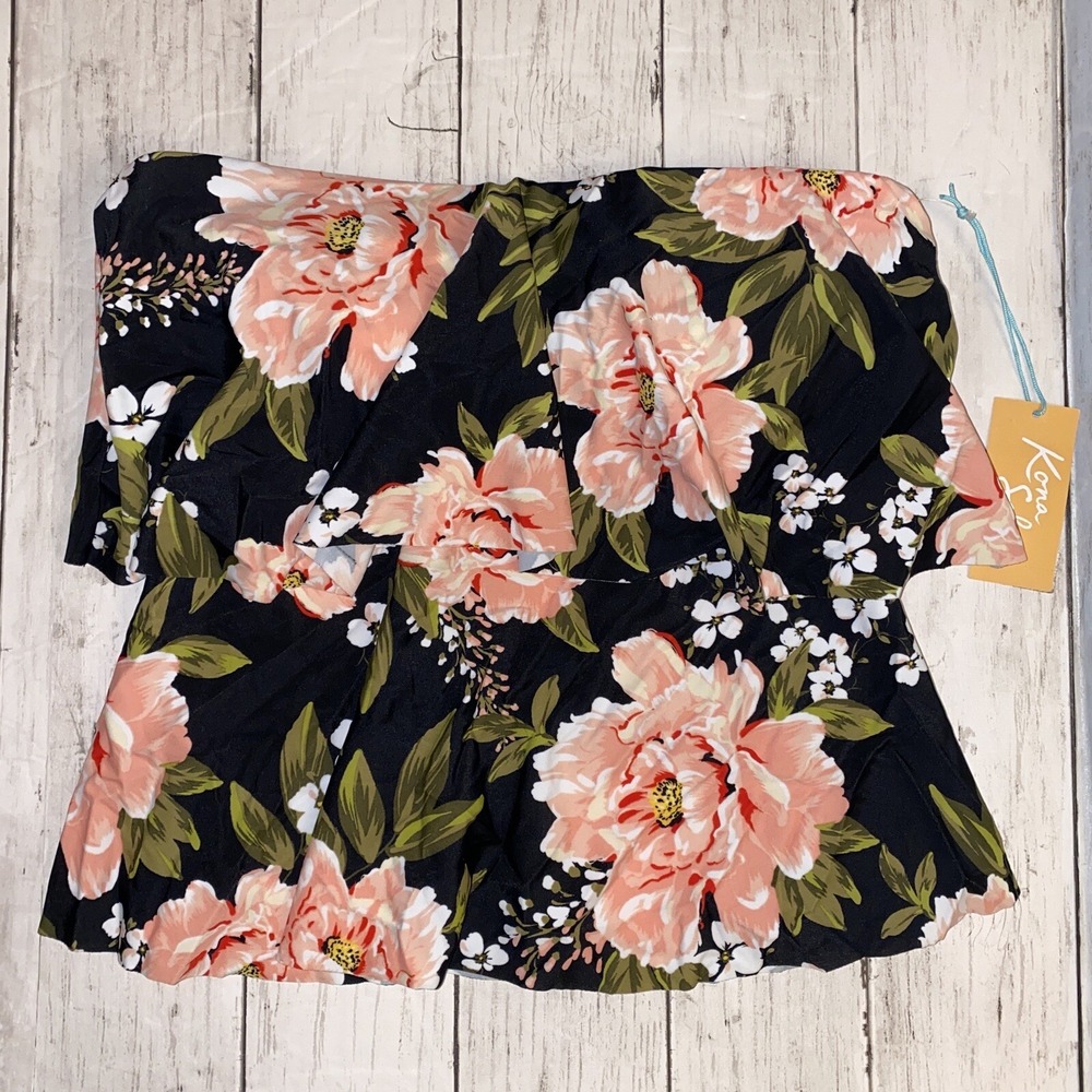Kona Sol Tankini Womens Small Black Pink Rose Floral Swimsuit Ruffle NEW S